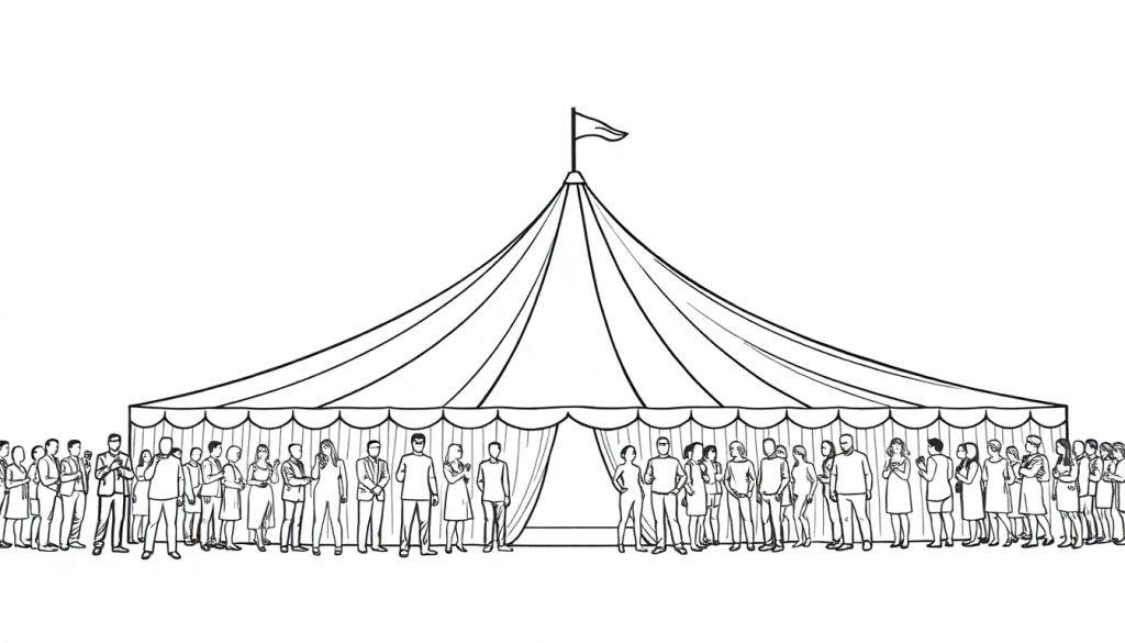 Grote feesttent kleurplaat met veel mensen ervoor.