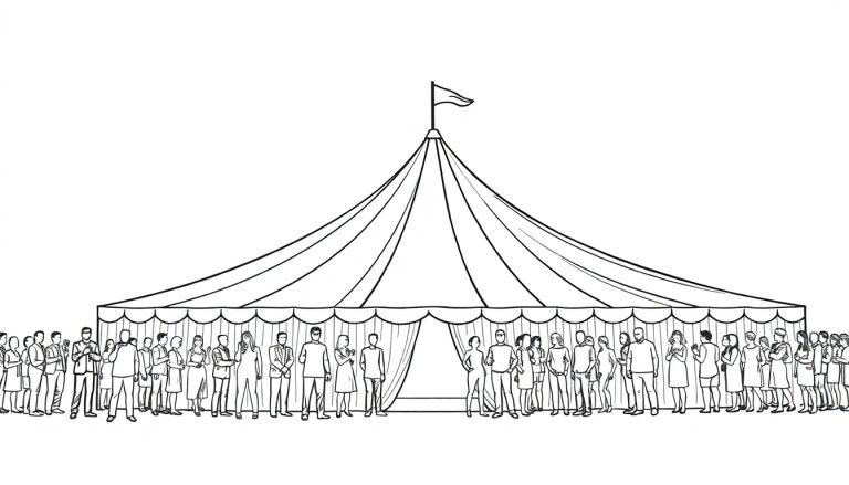 Grote feesttent kleurplaat met veel mensen ervoor.