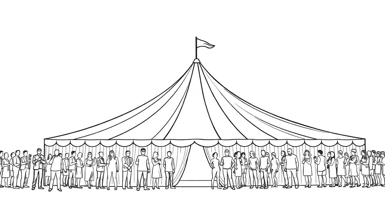 Grote feesttent kleurplaat met veel mensen ervoor.