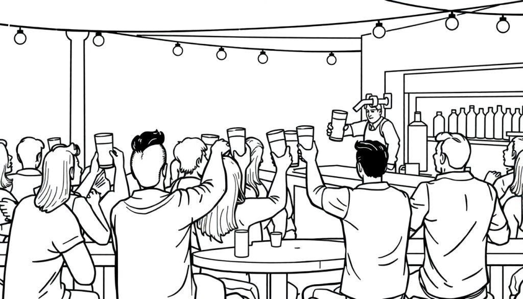 Kleurplaat van een drukke buitenbar waar mensen vrolijk bier bestellen.