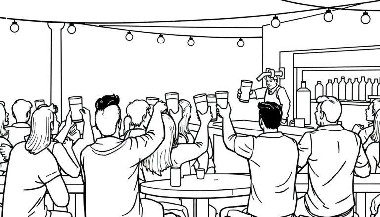 Kleurplaat van een drukke buitenbar waar mensen vrolijk bier bestellen.