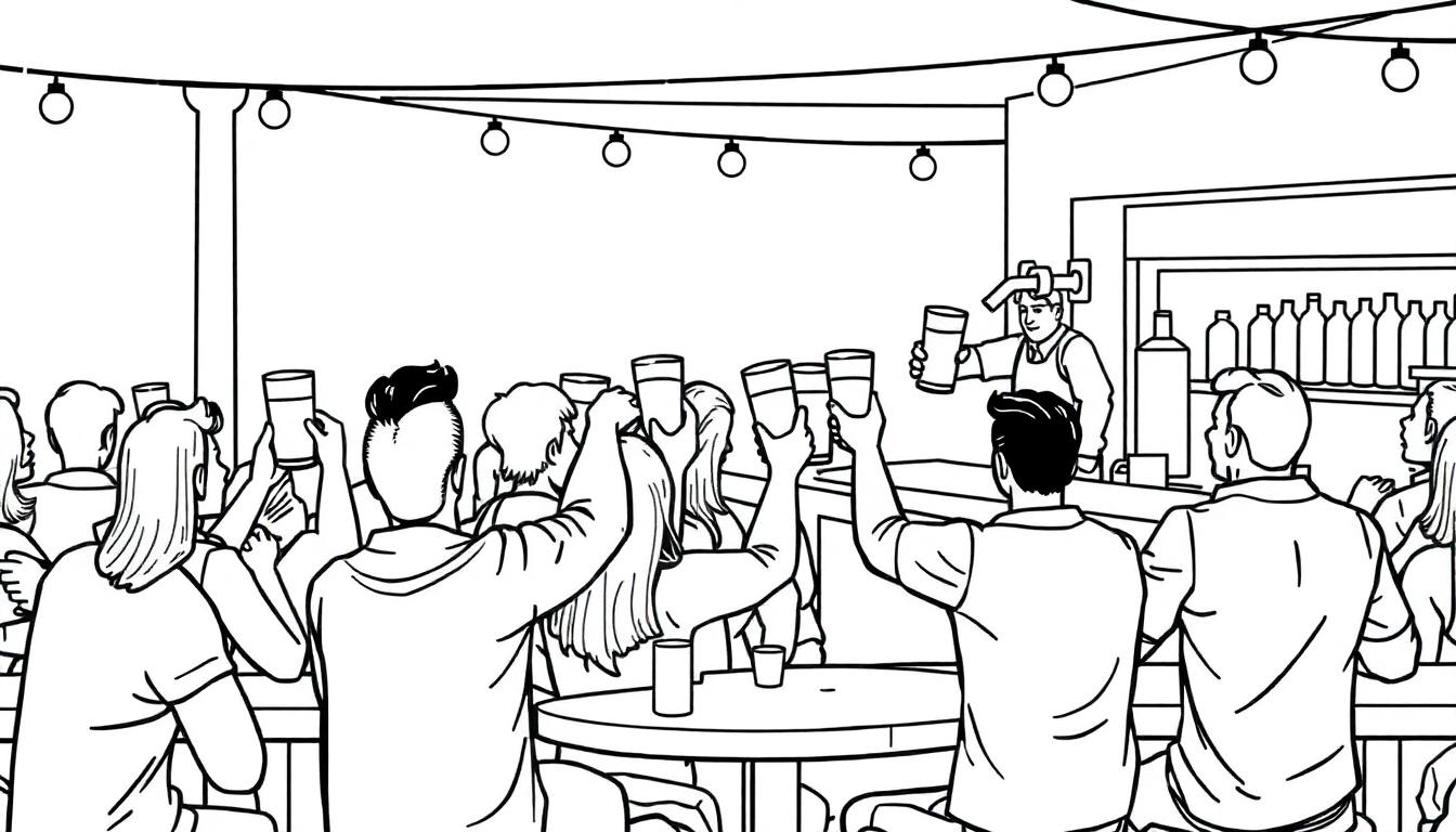 Kleurplaat van een drukke buitenbar waar mensen vrolijk bier bestellen.