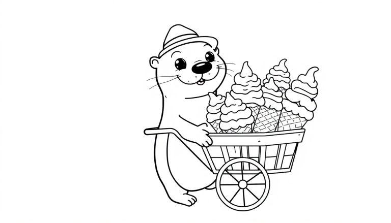 Kleurplaat van een otter met een kar vol ijsjes.