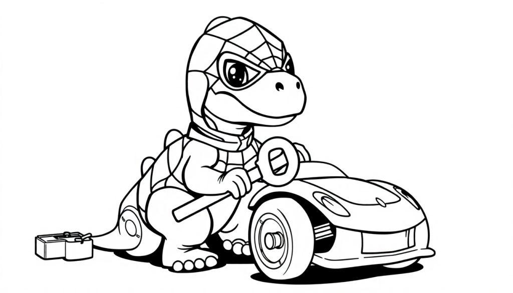 Dino monteur kleurplaat met auto en sleutel