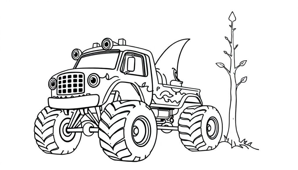 Kikker Haaien Monster Truck kleurplaat bij een boom