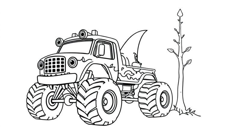 Kikker Haaien Monster Truck kleurplaat bij een boom