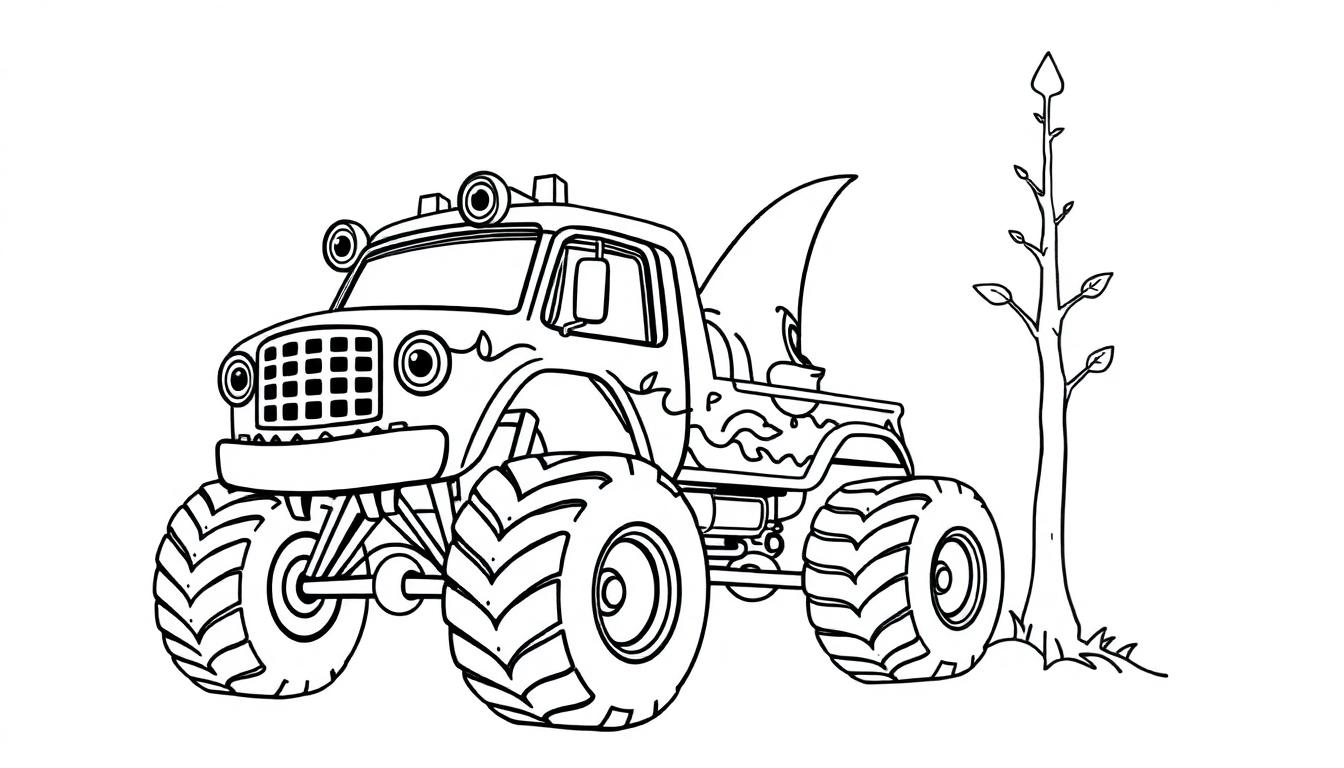 Kikker Haaien Monster Truck kleurplaat bij een boom