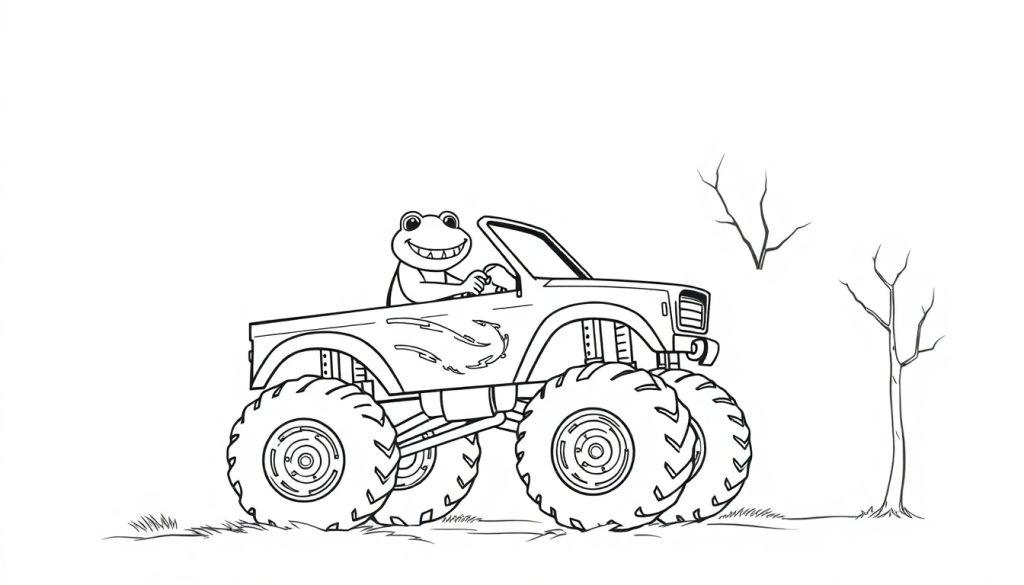 Kikker in een haaien monstertruck kleurplaat bij een boom