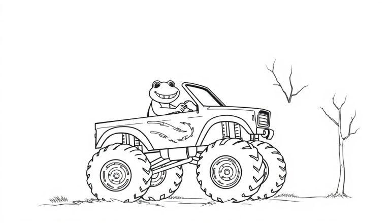 Kikker in een haaien monstertruck kleurplaat bij een boom