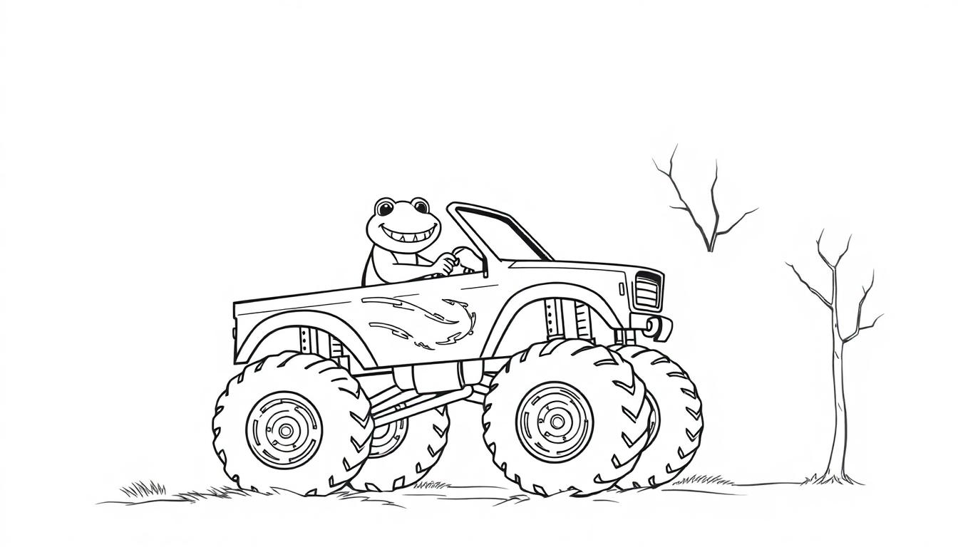 Kikker in een haaien monstertruck kleurplaat bij een boom