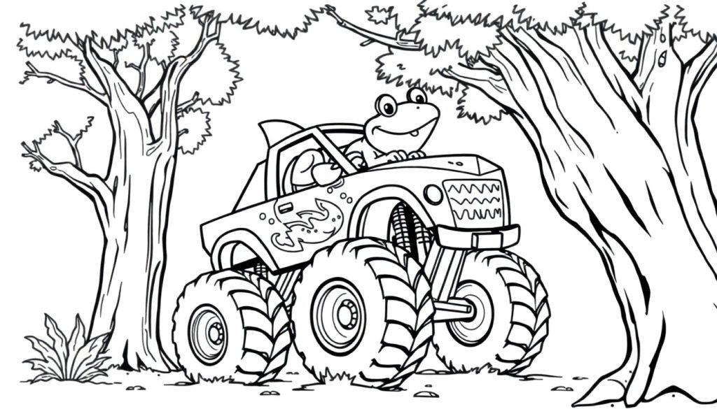Kikker in een haaien monstertruck kleurplaat bij een boom.