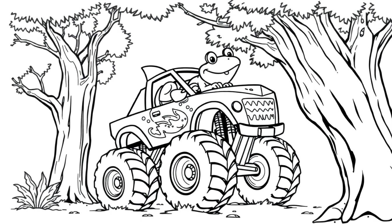 Kikker in een haaien monstertruck kleurplaat bij een boom.