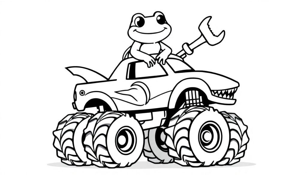 Kikker in een haaien monster truck kleurplaat