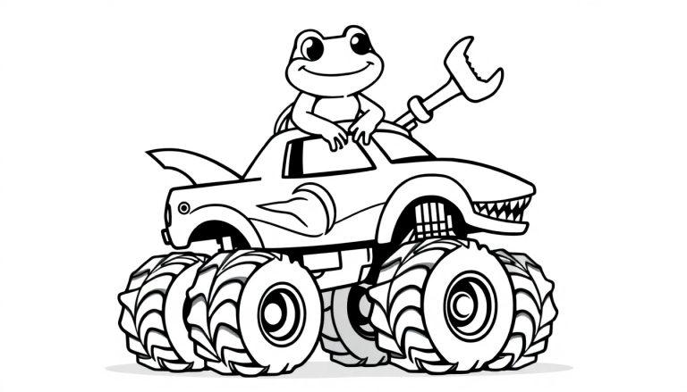 Kikker in een haaien monster truck kleurplaat