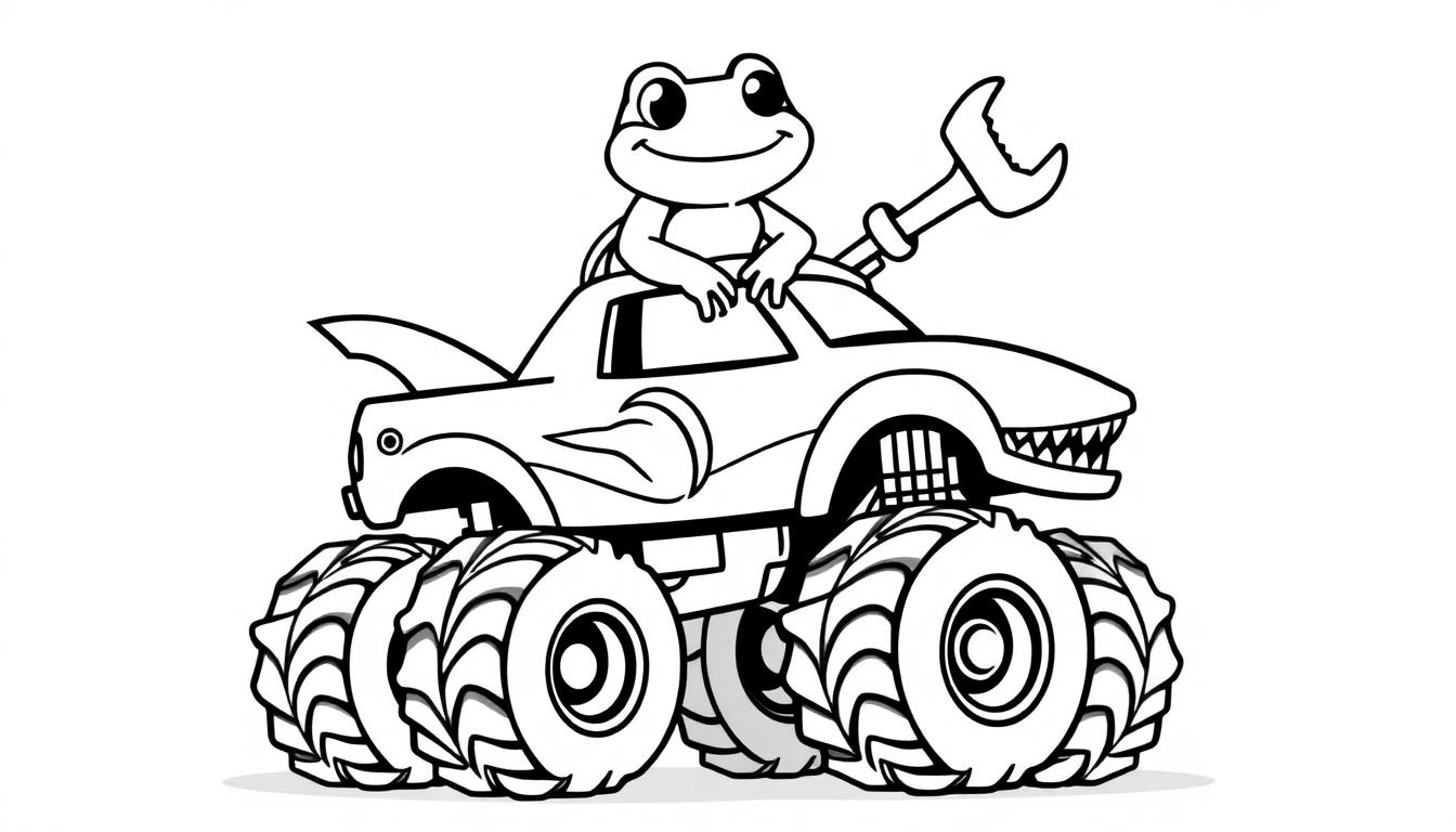 Kikker in een haaien monster truck kleurplaat