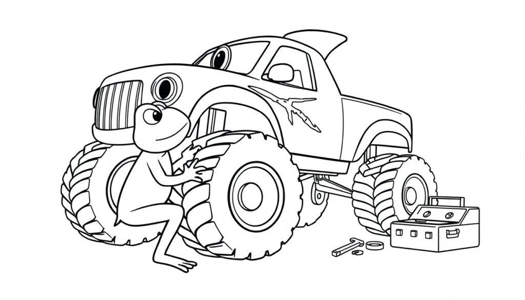 Kleurplaat van een kikker en een haaien monster truck.