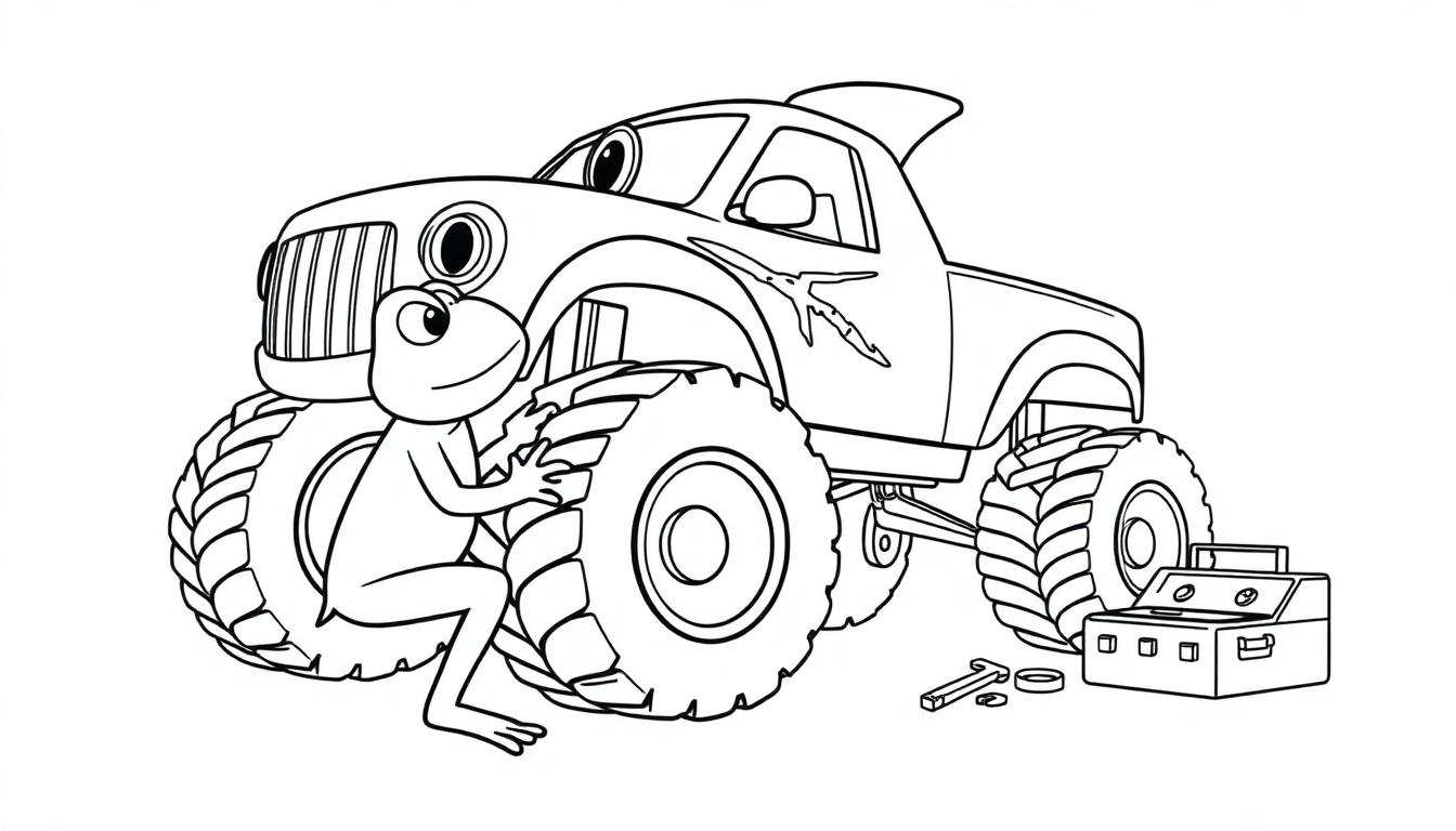 Kleurplaat van een kikker en een haaien monster truck.