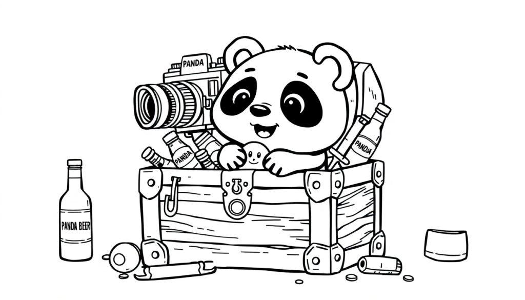 Panda kleurplaat met een schattige panda in een kist vol spullen.