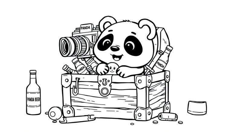 Panda kleurplaat met een schattige panda in een kist vol spullen.