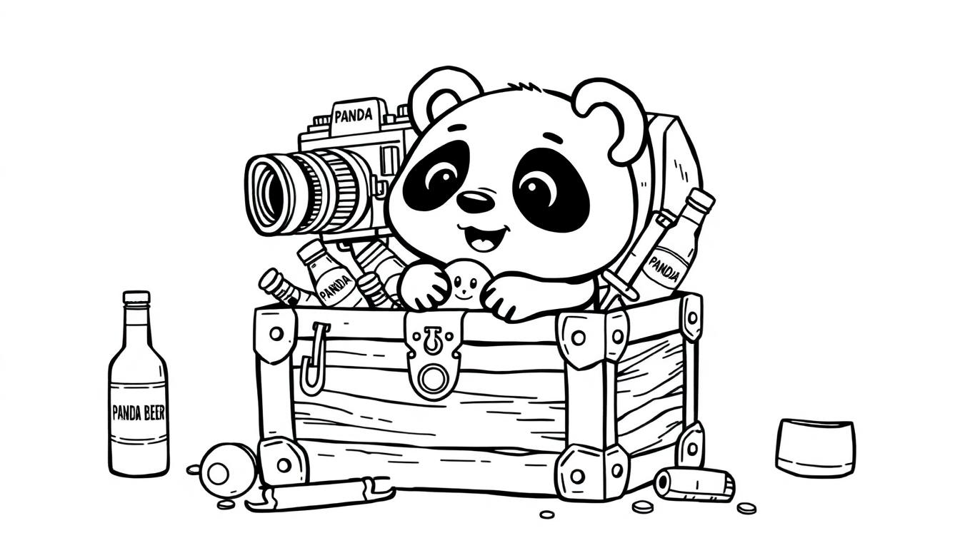 Panda kleurplaat met een schattige panda in een kist vol spullen.