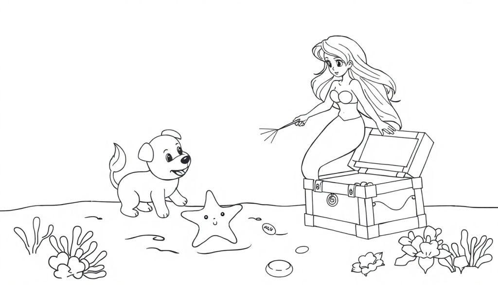 Zeemeermin, puppy en zeester kleurplaat met een schatkist op de zeebodem.