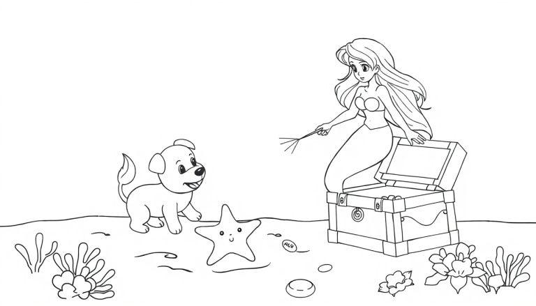 Zeemeermin, puppy en zeester kleurplaat met een schatkist op de zeebodem.