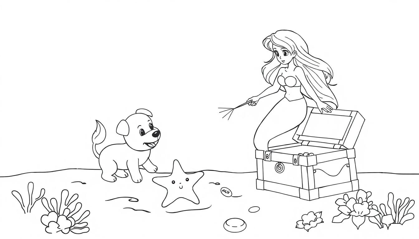 Zeemeermin, puppy en zeester kleurplaat met een schatkist op de zeebodem.