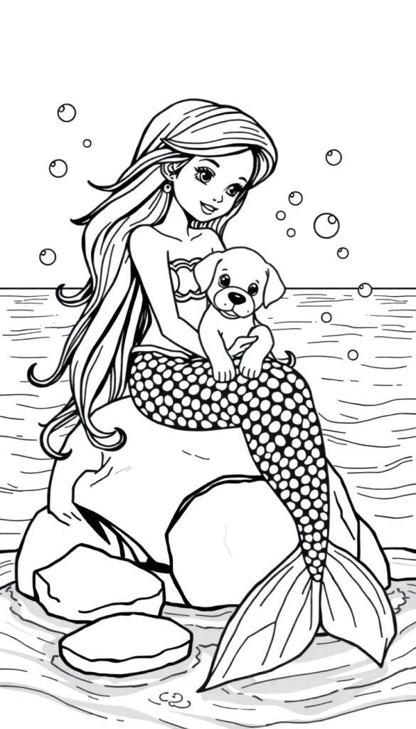 Zeemeermin kleurplaat met puppy