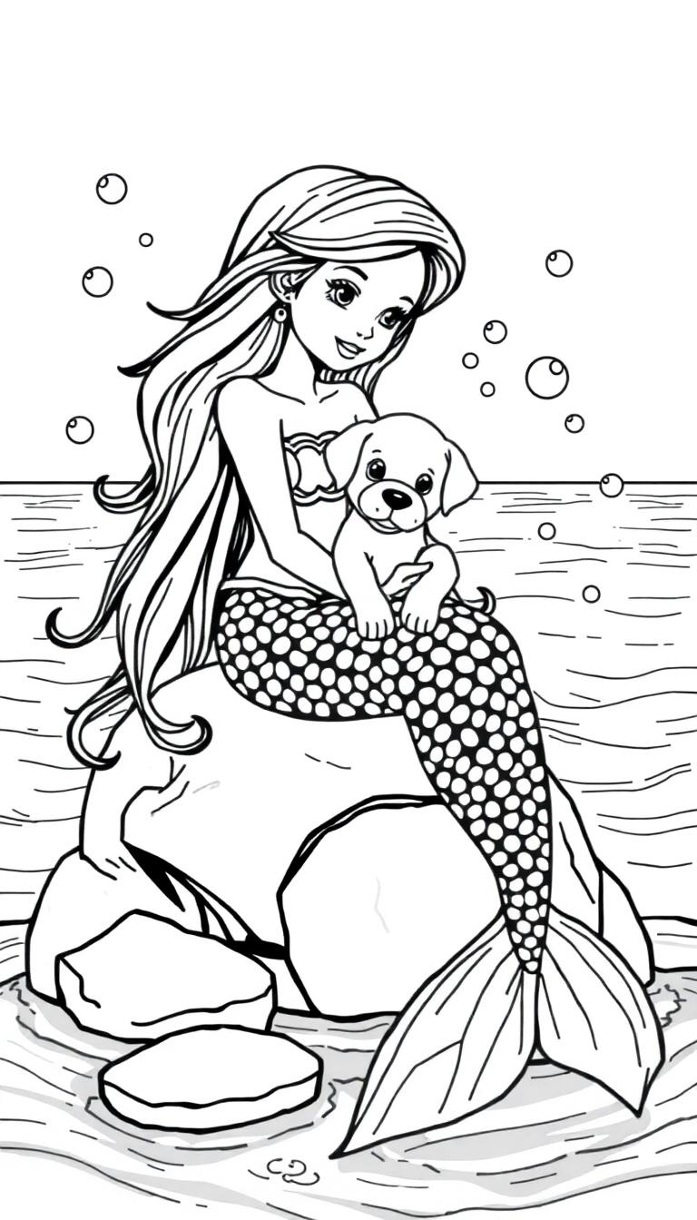 Zeemeermin kleurplaat met puppy