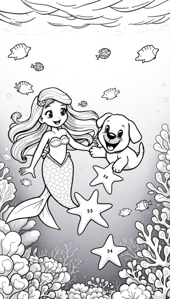 Kleurplaat van een zeemeermin die een puppy ontmoet in de zee!