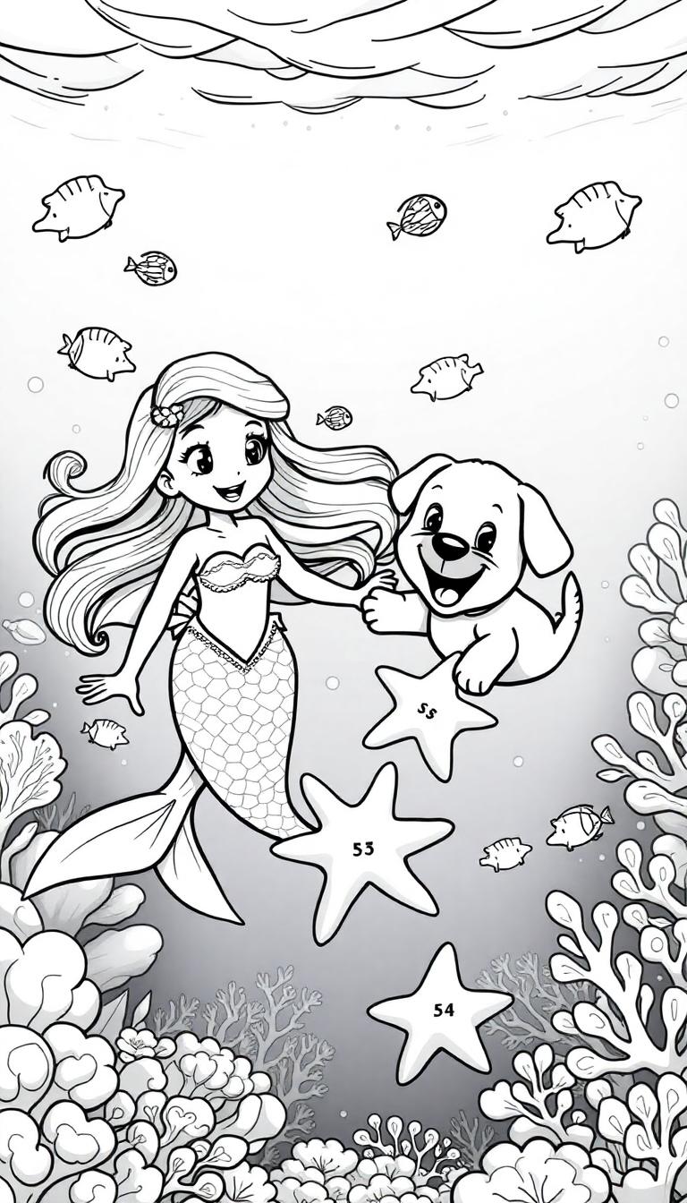 Kleurplaat van een zeemeermin die een puppy ontmoet in de zee!