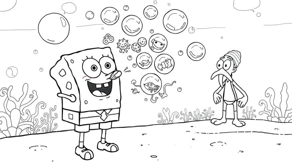 Spongebob blaast bubbels met gezichten, kleurplaat.