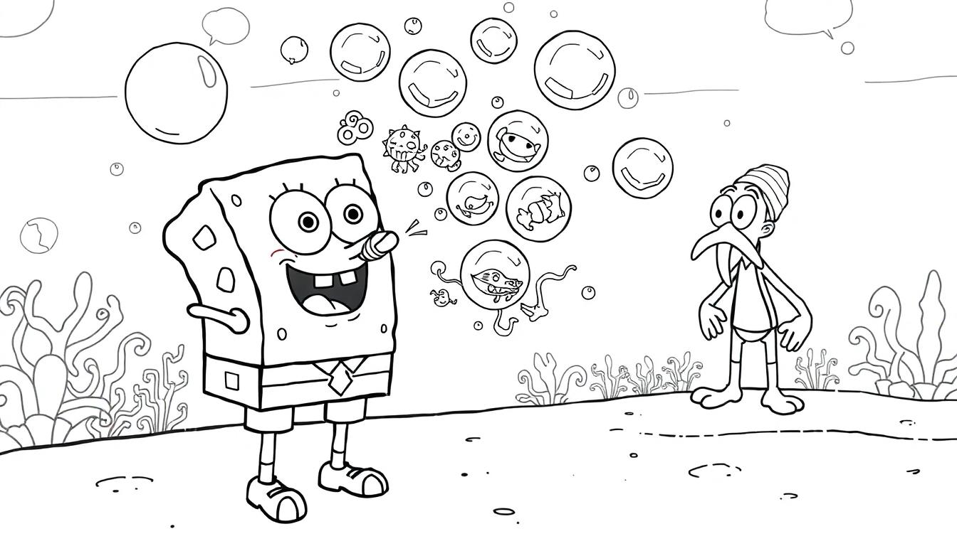 Spongebob blaast bubbels met gezichten, kleurplaat.