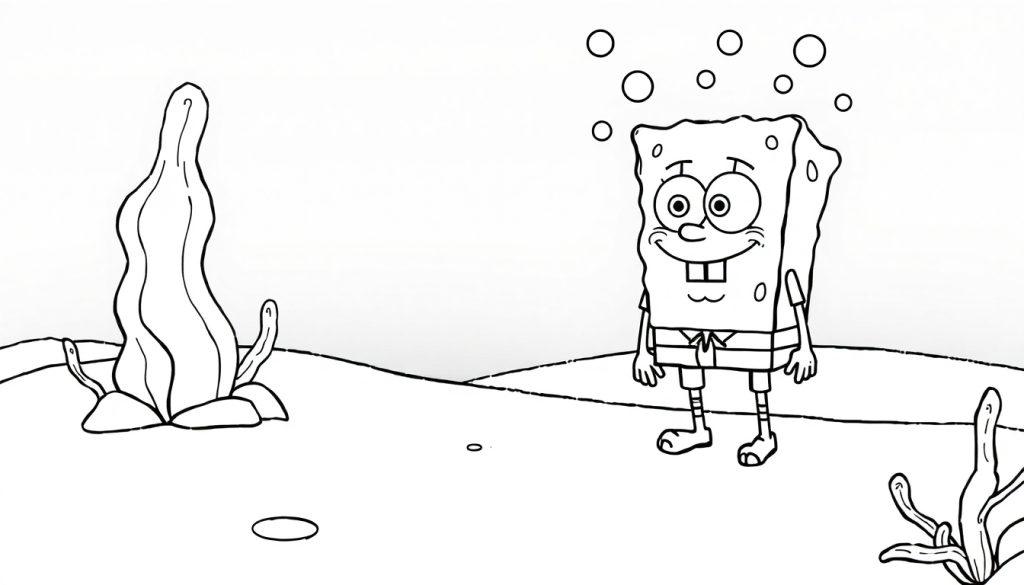 SpongeBob kleurplaat onderwater met zeewier en bubbels