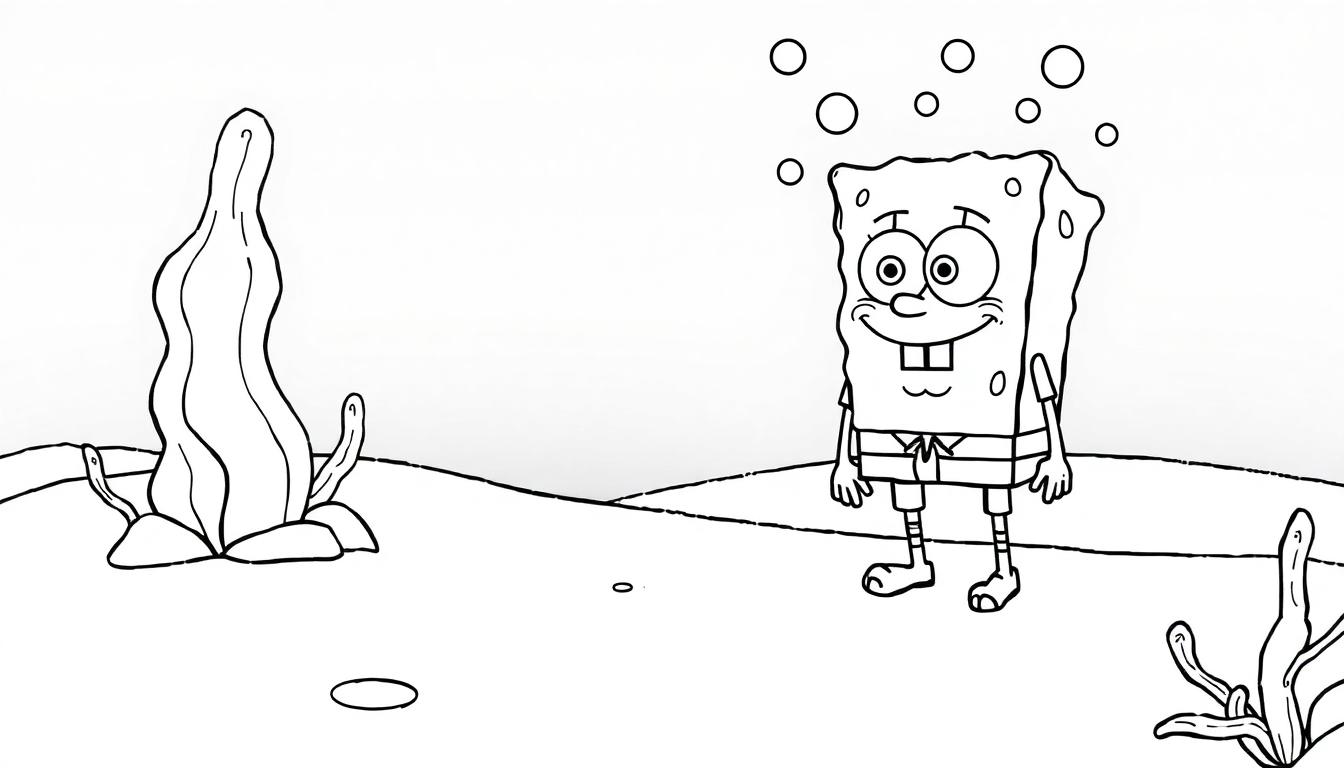 SpongeBob kleurplaat onderwater met zeewier en bubbels