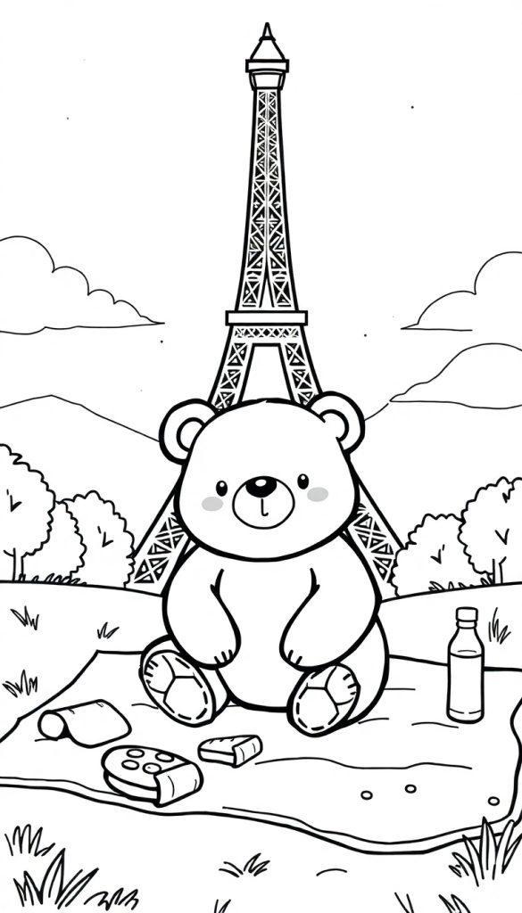 Kleurplaat van een teddybeer die een picknick heeft voor de Eiffeltoren.