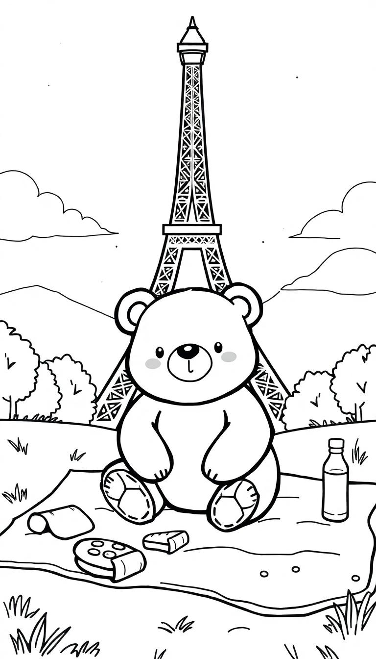 Kleurplaat van een teddybeer die een picknick heeft voor de Eiffeltoren.