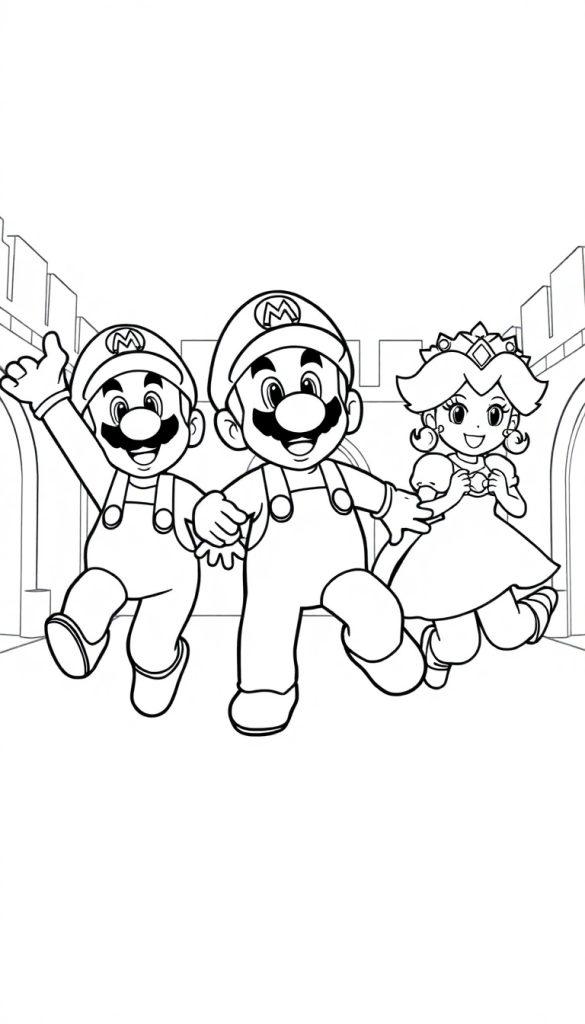 Mario, een andere Mario en Peach kleurplaat in een kasteel.