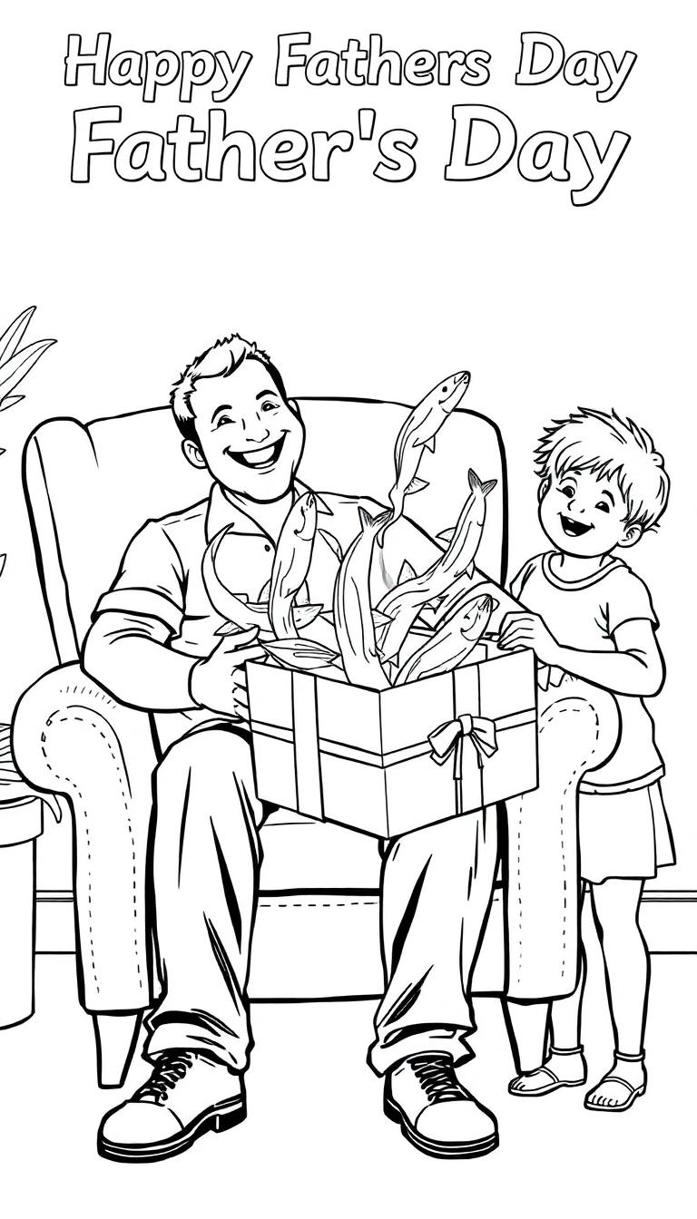 Vaderdag kleurplaat met vader, kind en paling cadeau