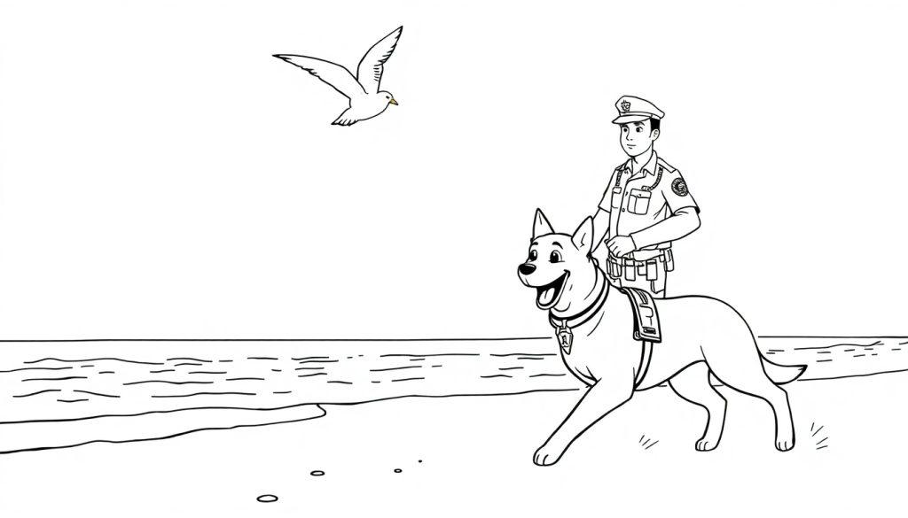 Kleurplaat van een vrolijke politieman en zijn politiehond op het strand.