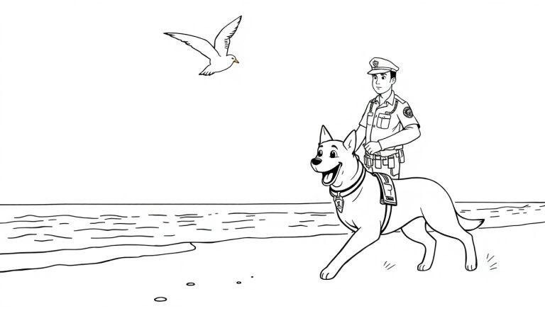 Kleurplaat van een vrolijke politieman en zijn politiehond op het strand.