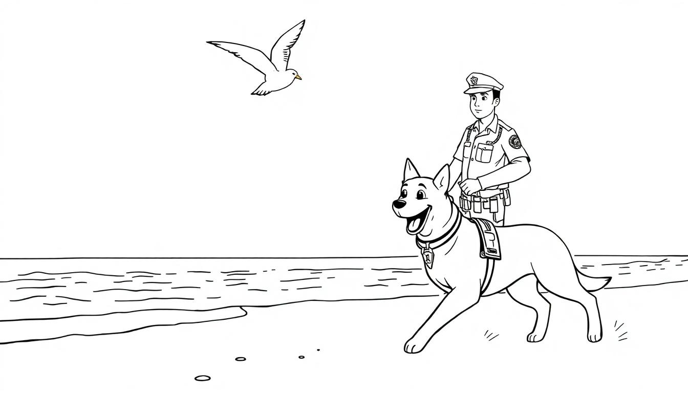 Kleurplaat van een vrolijke politieman en zijn politiehond op het strand.