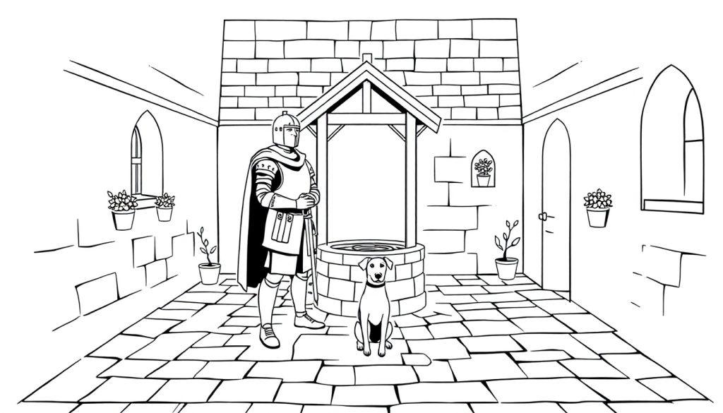 Kasteel binnenplaats met ridder, hond en put. Een leuke kleurplaat!