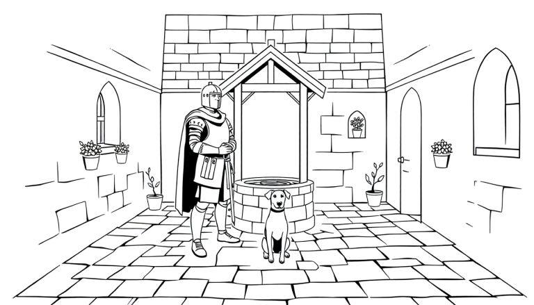 Kasteel binnenplaats met ridder, hond en put. Een leuke kleurplaat!