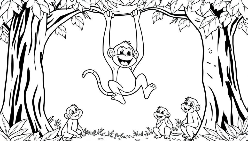 Aap slingert aan tak, kleurplaat