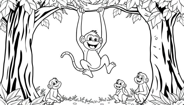 Aap slingert aan tak, kleurplaat