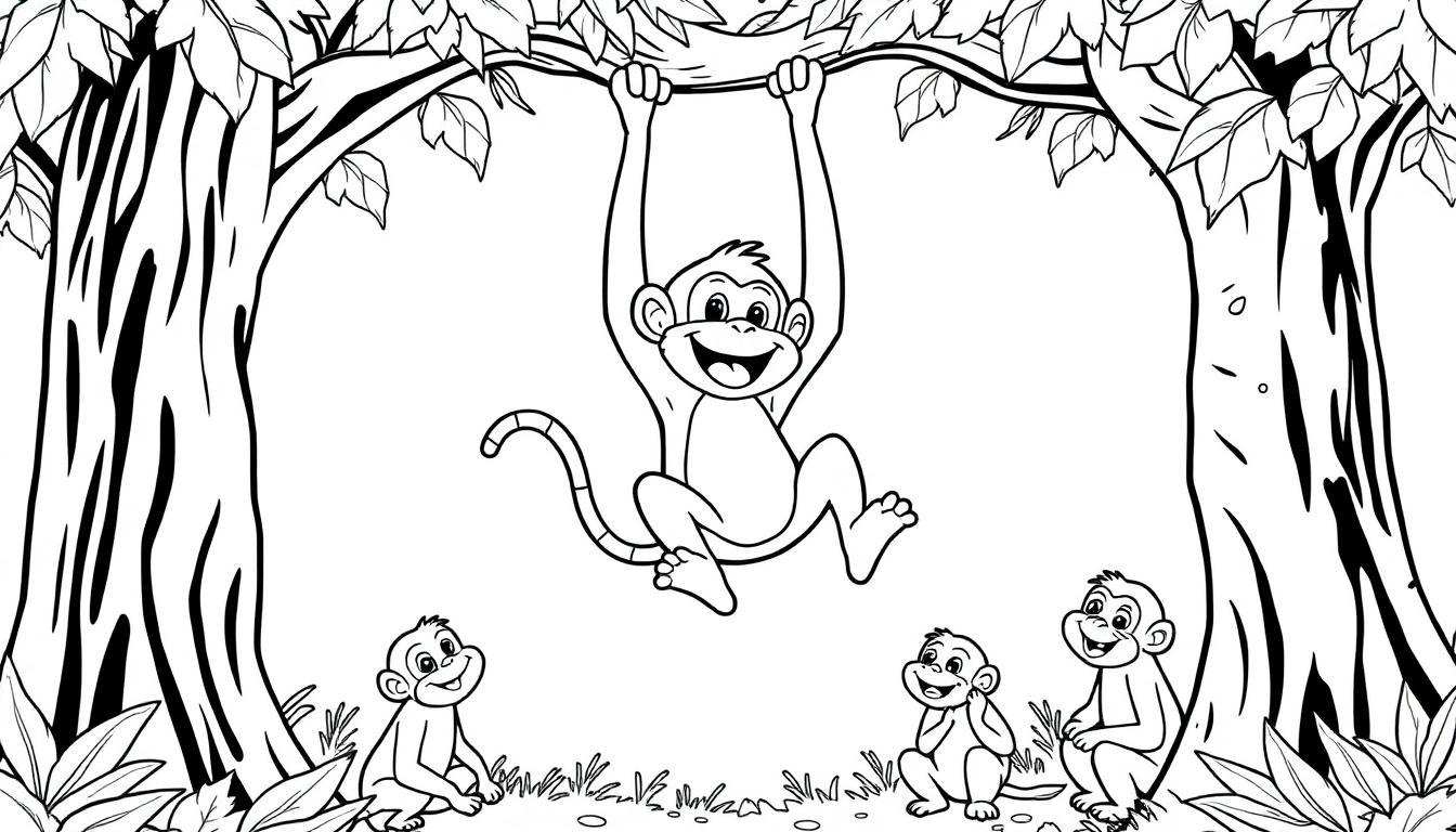 Aap slingert aan tak, kleurplaat