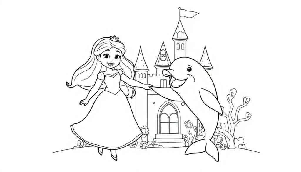 Kleurplaat van een vrolijke dolfijn en een lieve prinses bij een kasteel.
