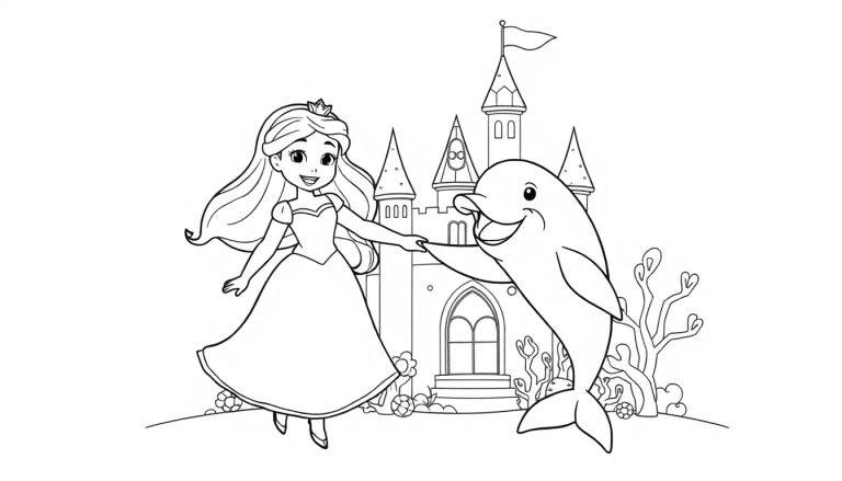 Kleurplaat van een vrolijke dolfijn en een lieve prinses bij een kasteel.