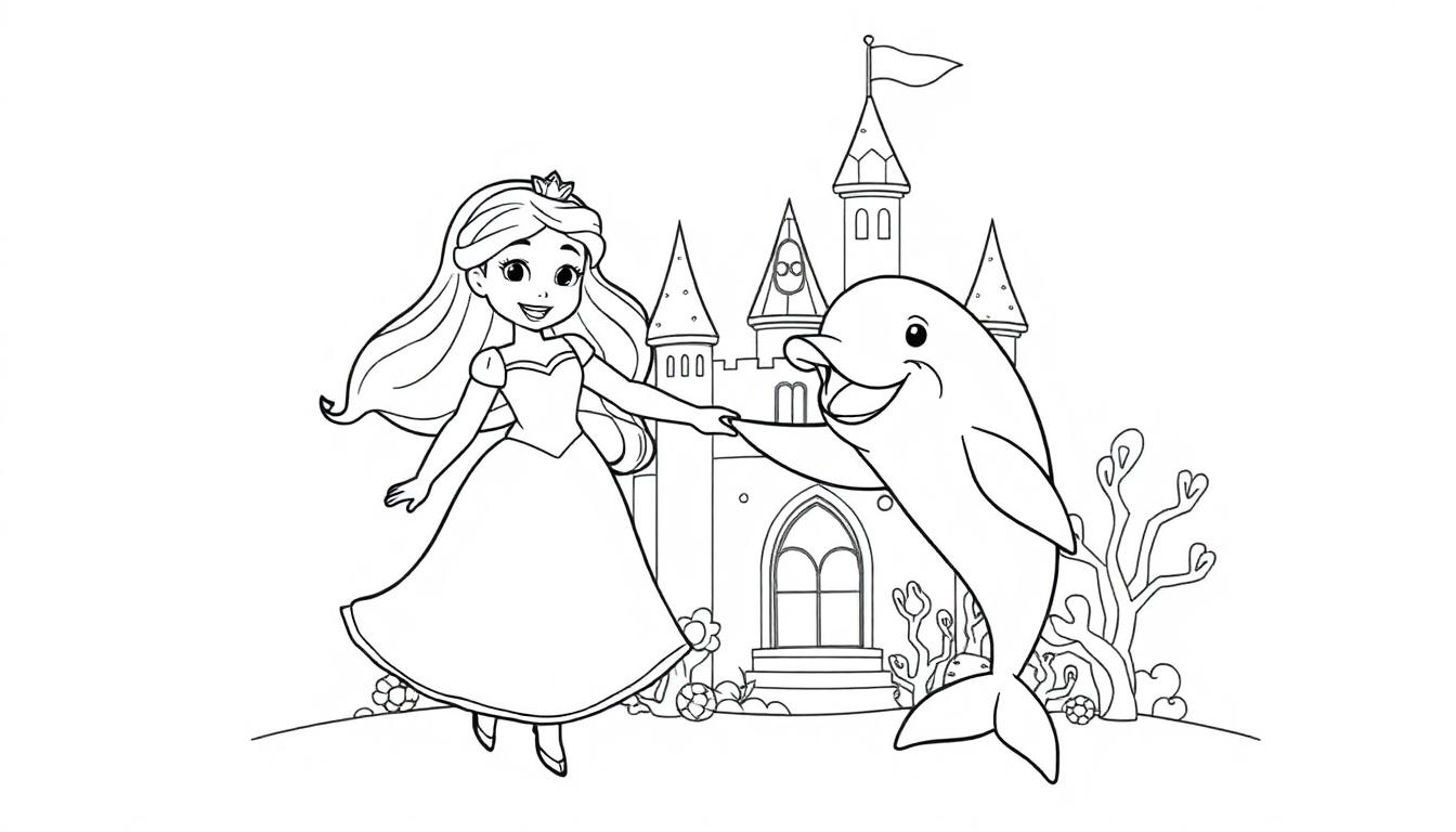 Kleurplaat van een vrolijke dolfijn en een lieve prinses bij een kasteel.